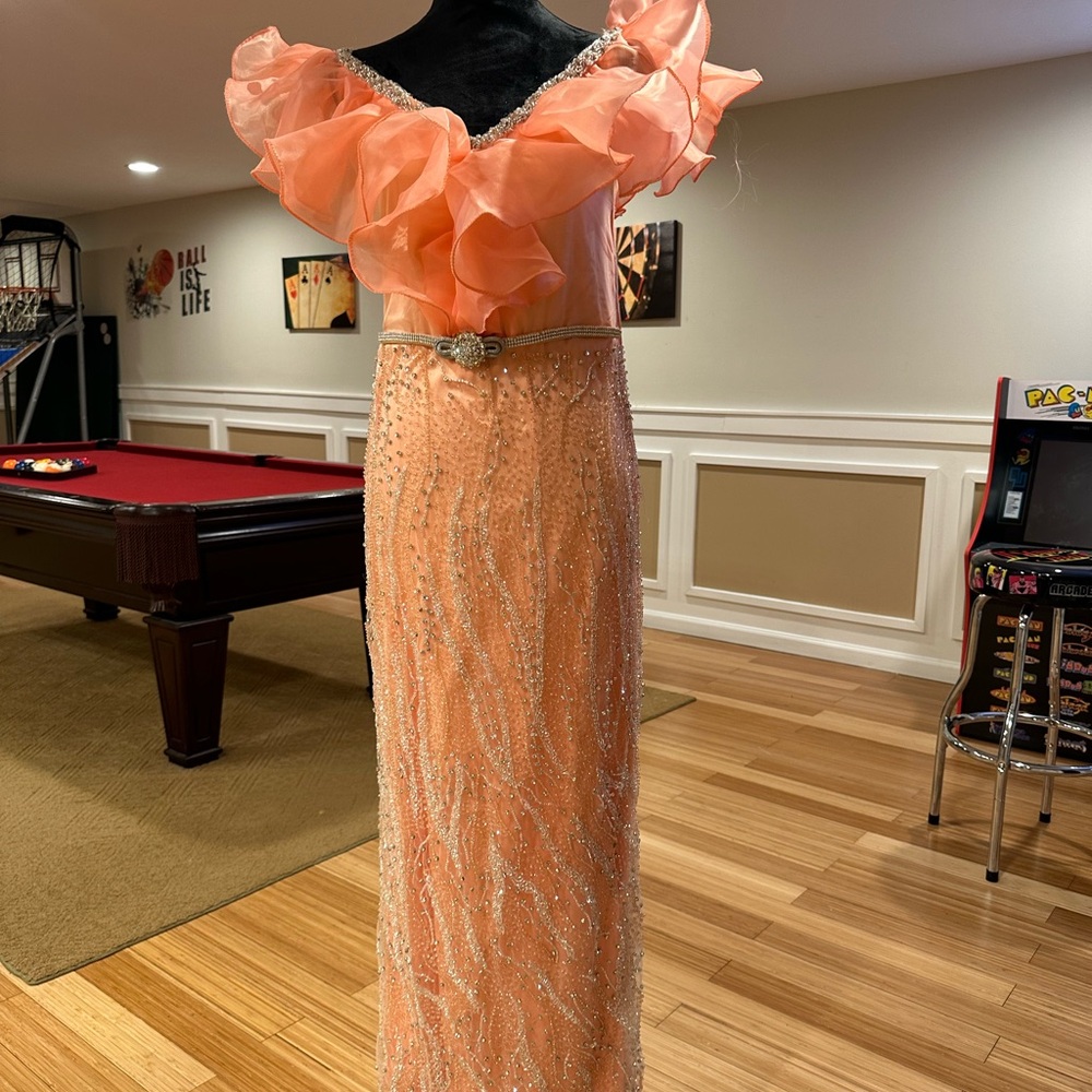 Elegant Peach Ruffled Gown with Beaded Details